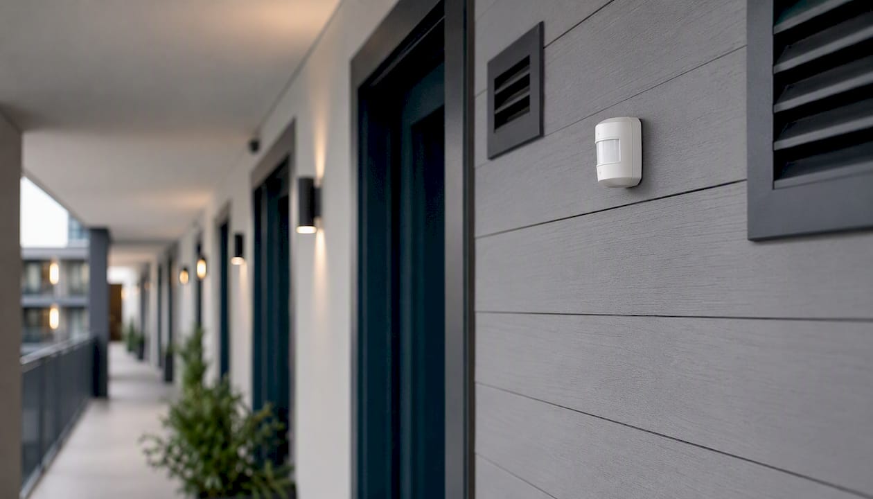 Occupancy sensor mounted in building hallway ceiling