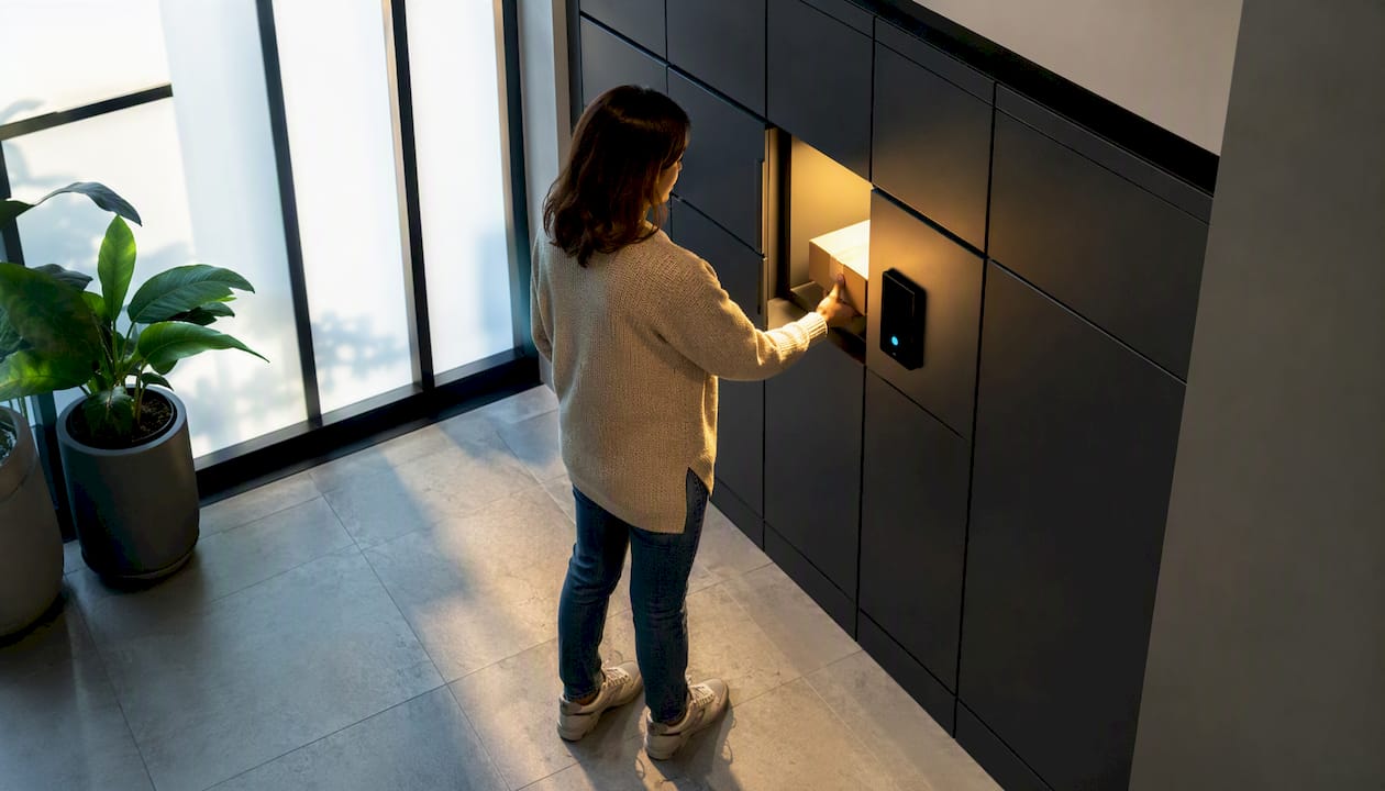 Package locker door open with lighting activated
