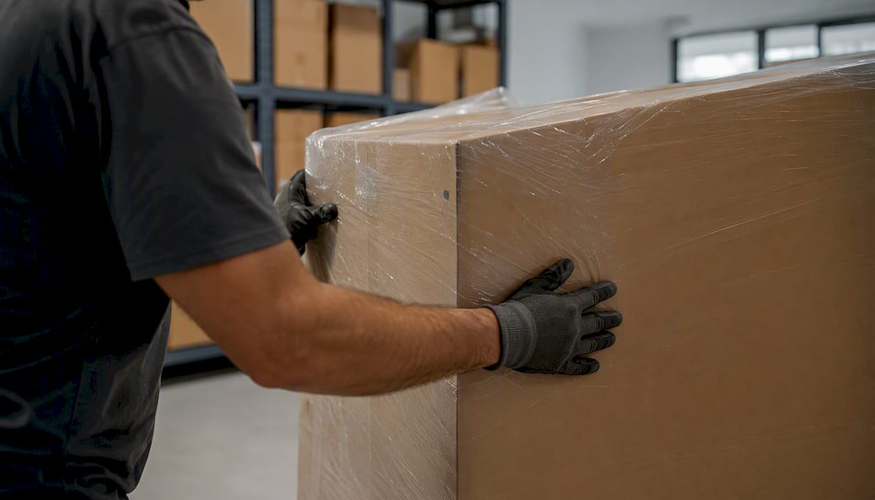 Hands handling oversized package in sorting room