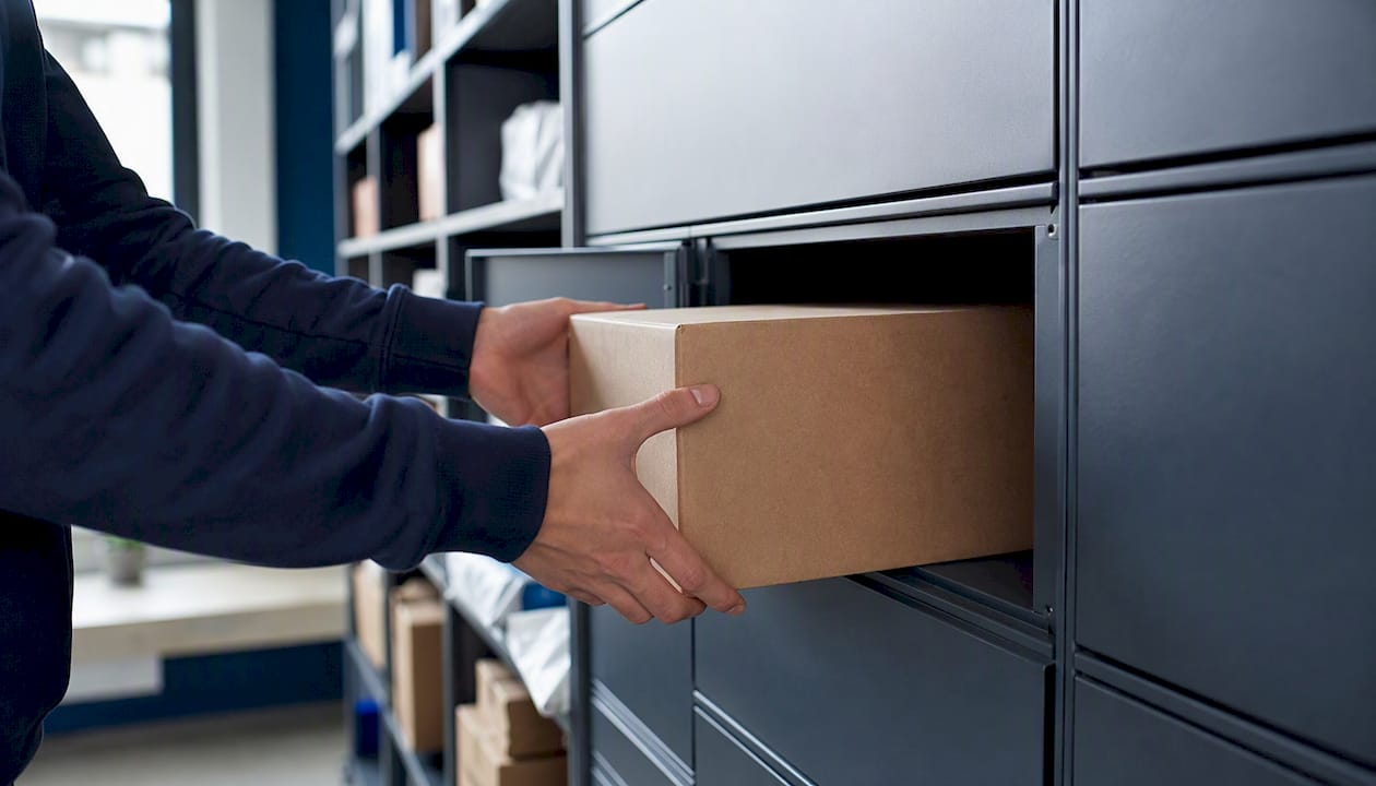 Hands placing parcel into electronic locker compartment