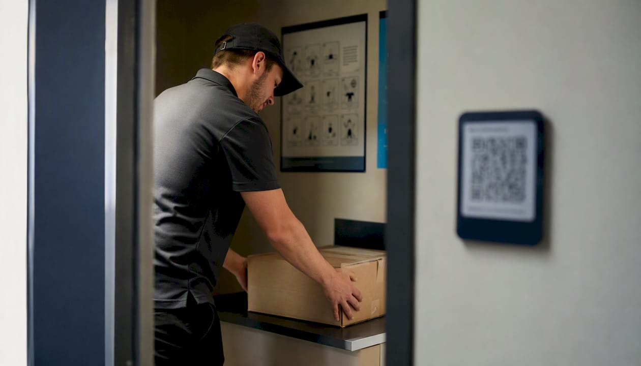 Driver delivering package following SOP at secured entry