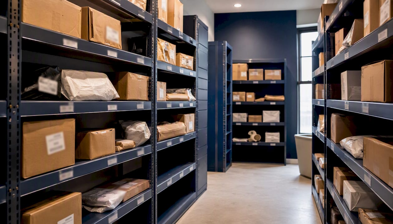 Organized package room shelves with parcels