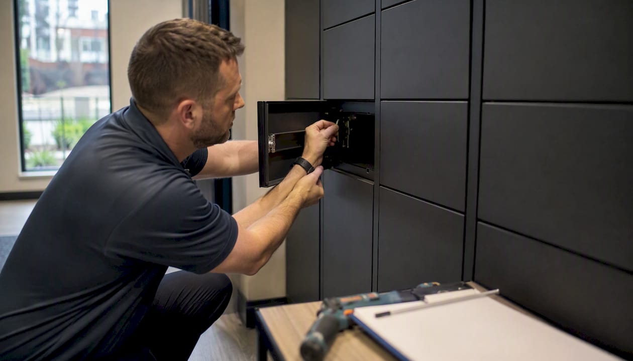 Hands inspecting parcel locker in package room