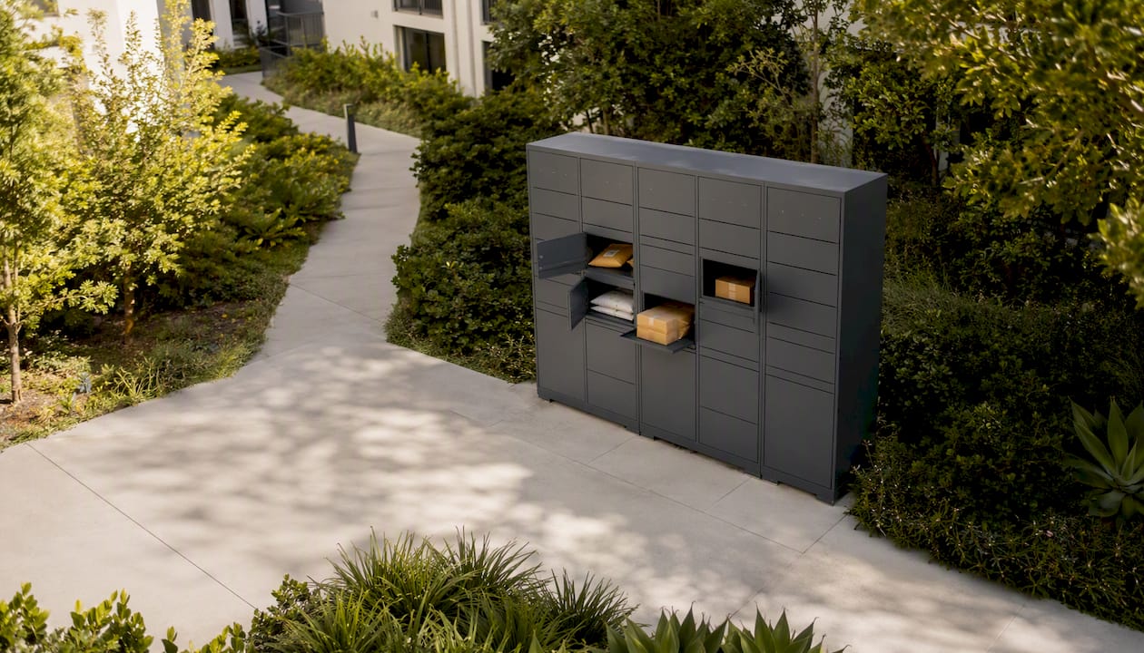 Outdoor package locker open with parcels inside