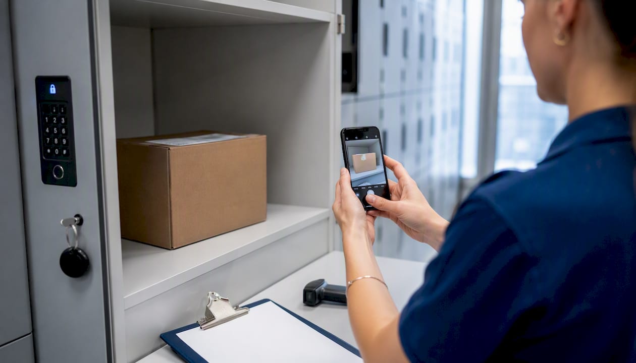 Package intake with timestamp photo for security