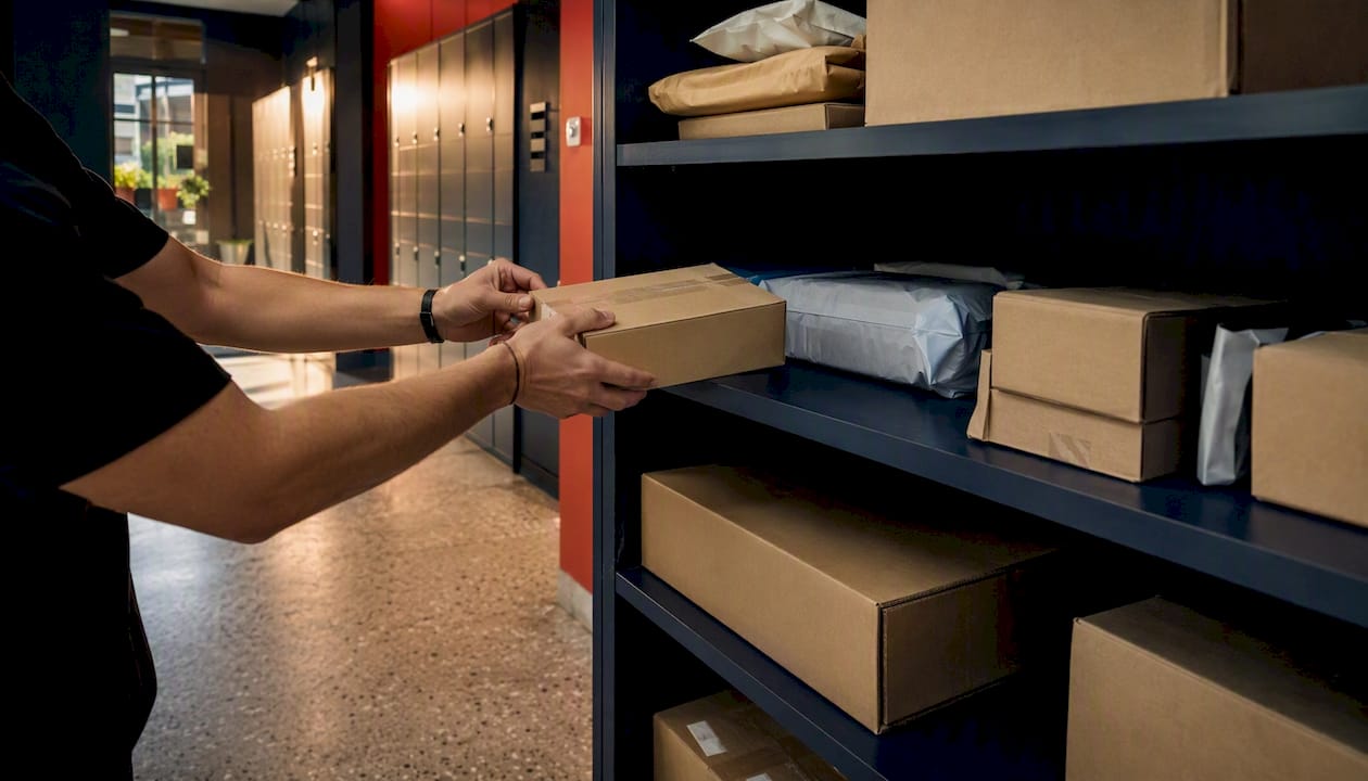Hands sorting parcels in package room