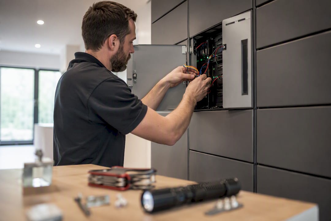Technician hands troubleshooting locker hardware components