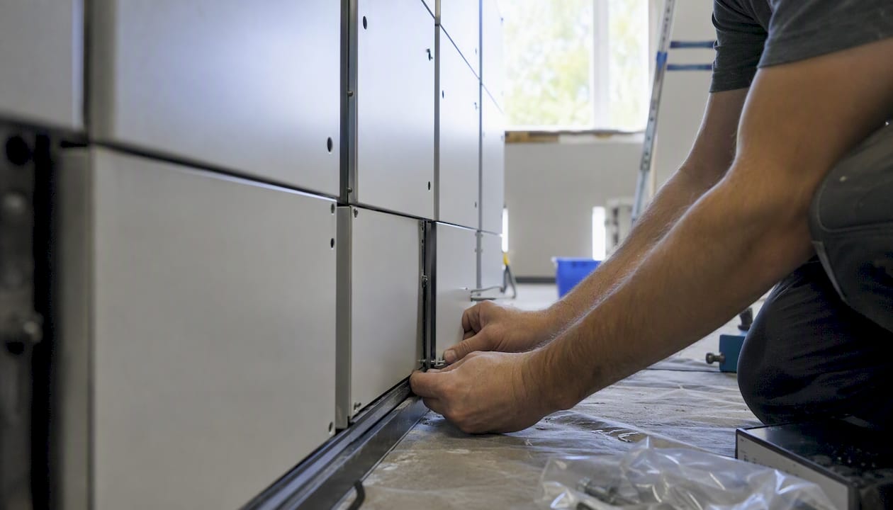 Hands installing package lockers mid-renovation