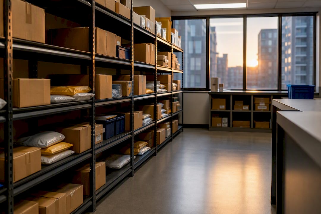 Organized package room with parcels on shelves