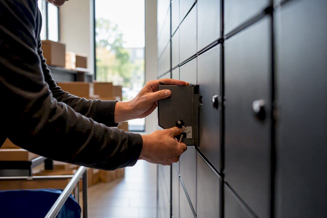 Hands adjusting package locker panel