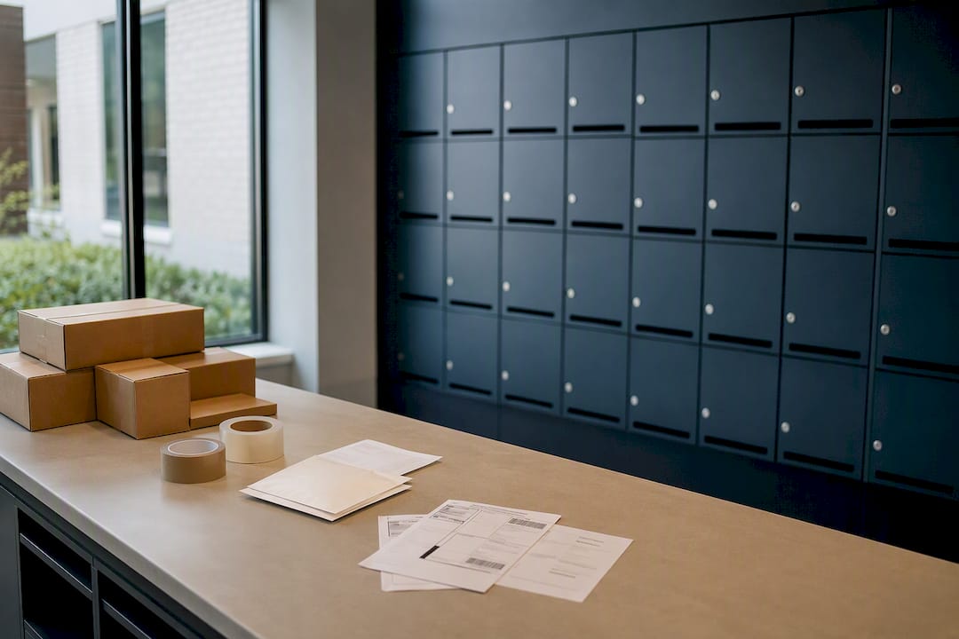 Secure package room with lockers and sorting table