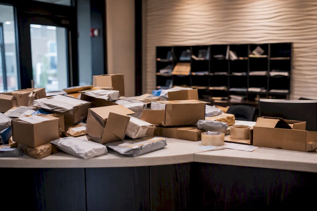 Cluttered front desk with many packages
