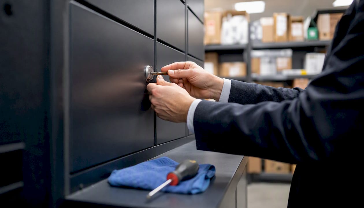 Hands adjusting locker lock in package room