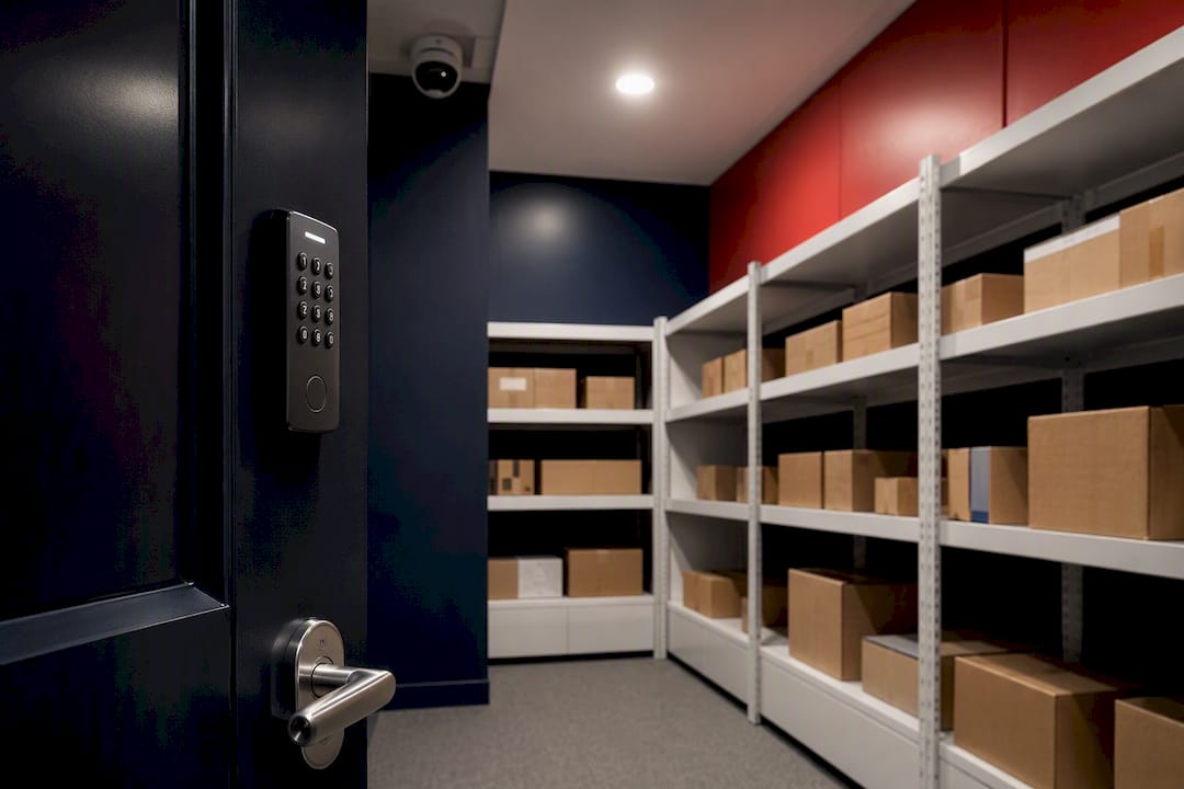 Secure package room entrance with keypad and camera