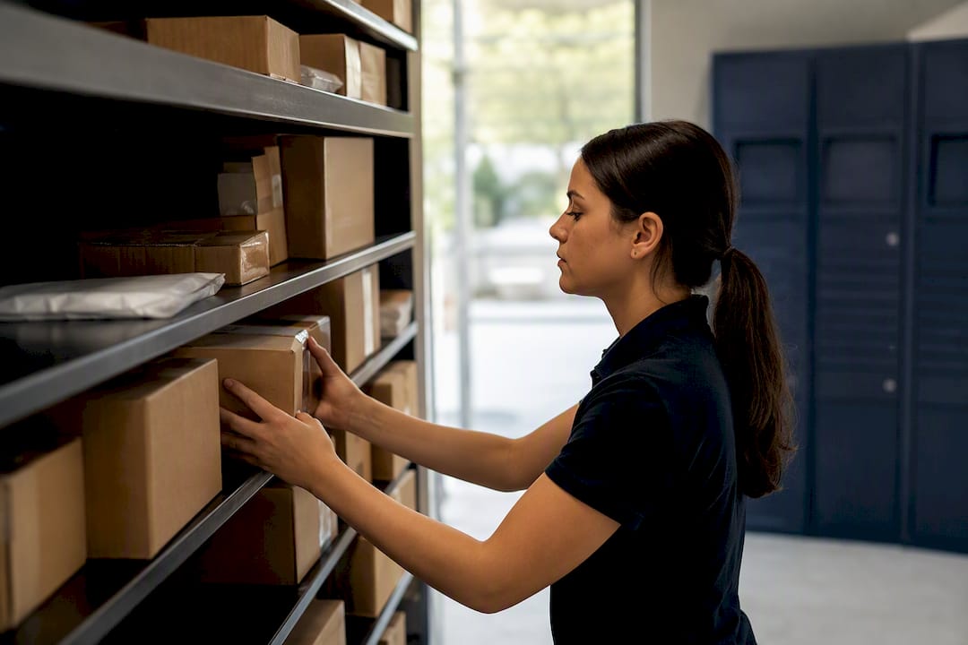 Hands sorting packages on shelf