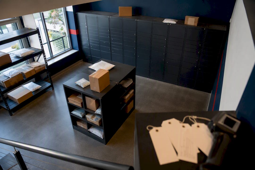 Organized apartment package room with lockers