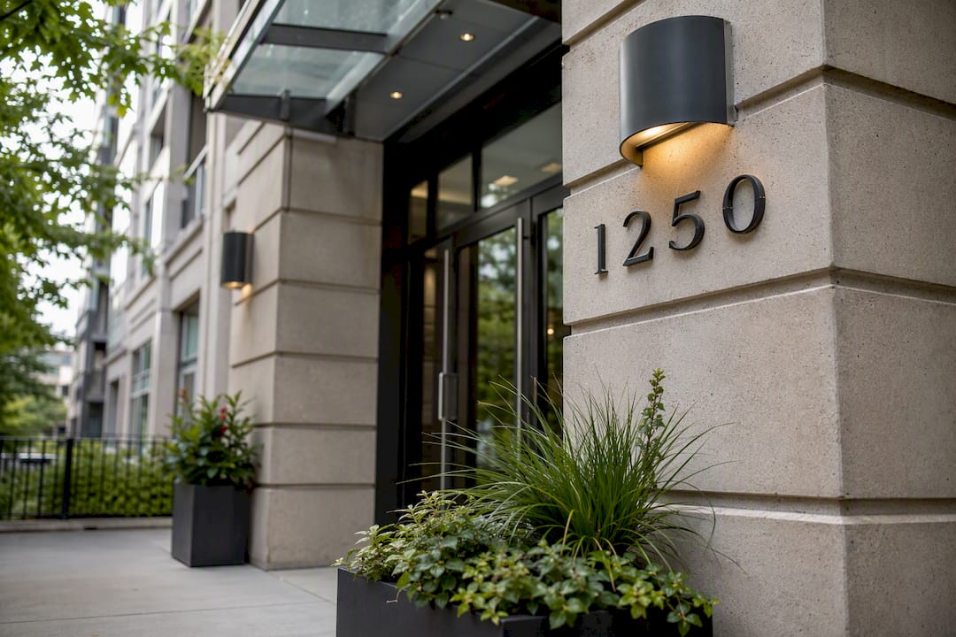 Apartment entrance showing address plaque with unit number