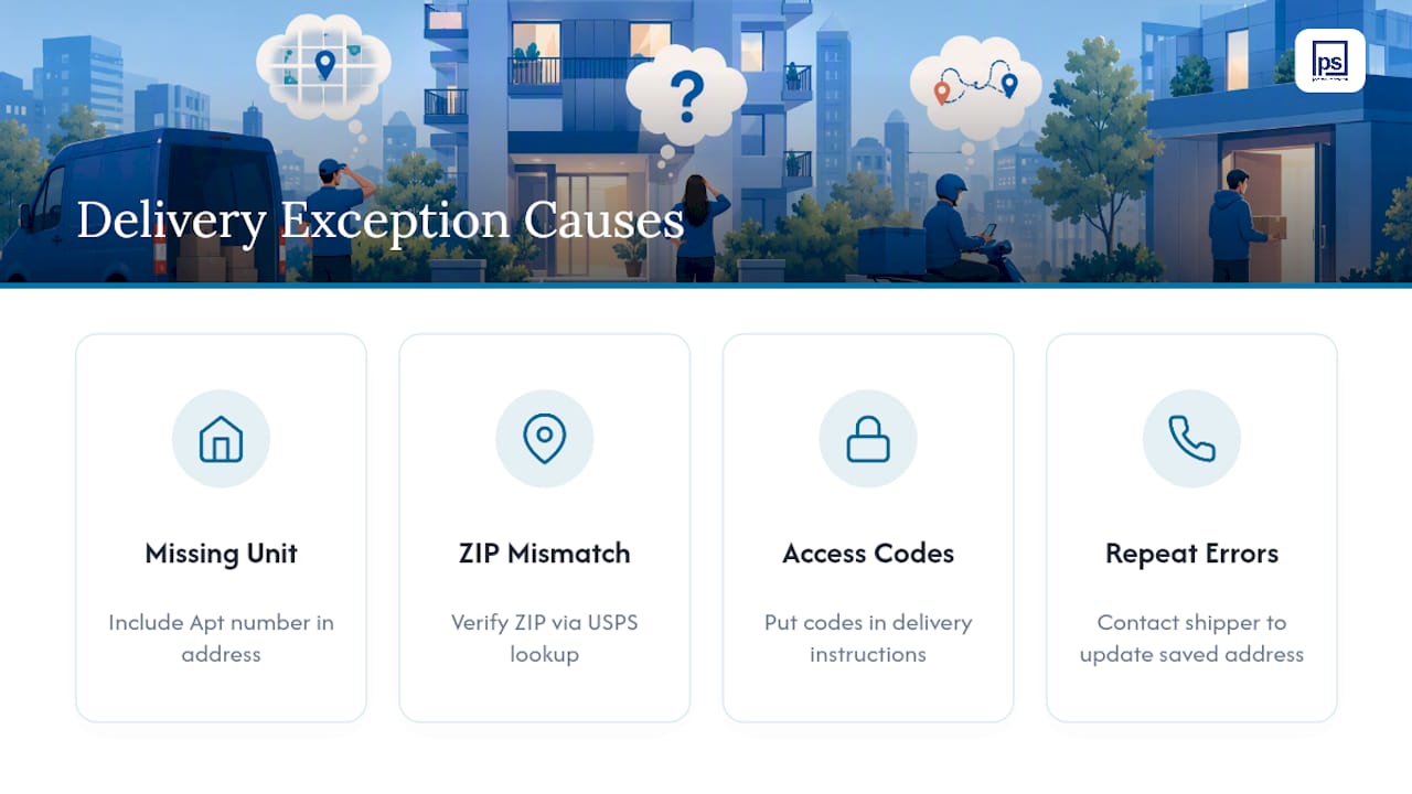 Diagram of common address format errors causing package exceptions