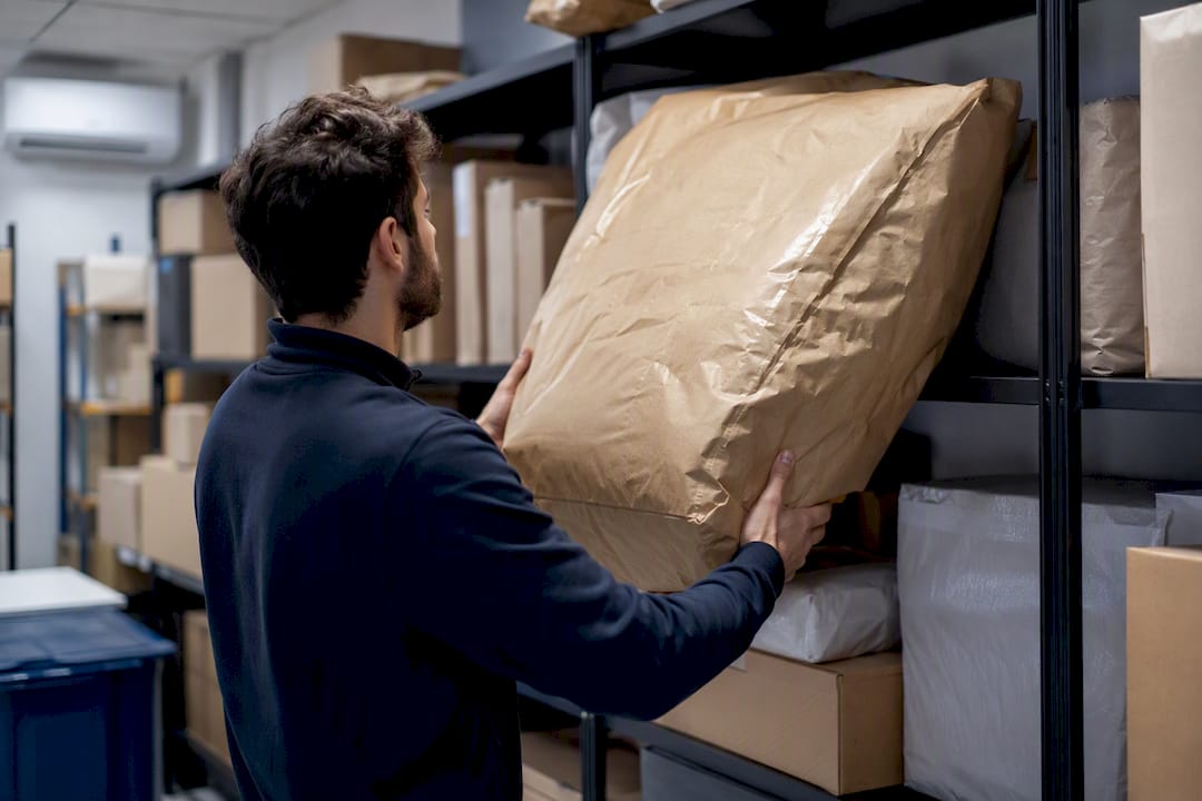 Hands placing oversized parcel in staffed package room