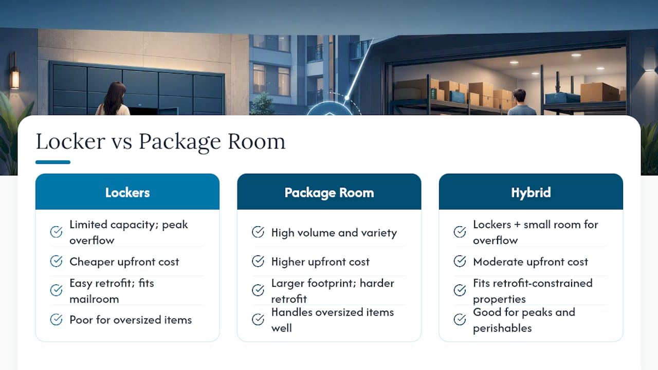 Comparison diagram of package room and locker solutions
