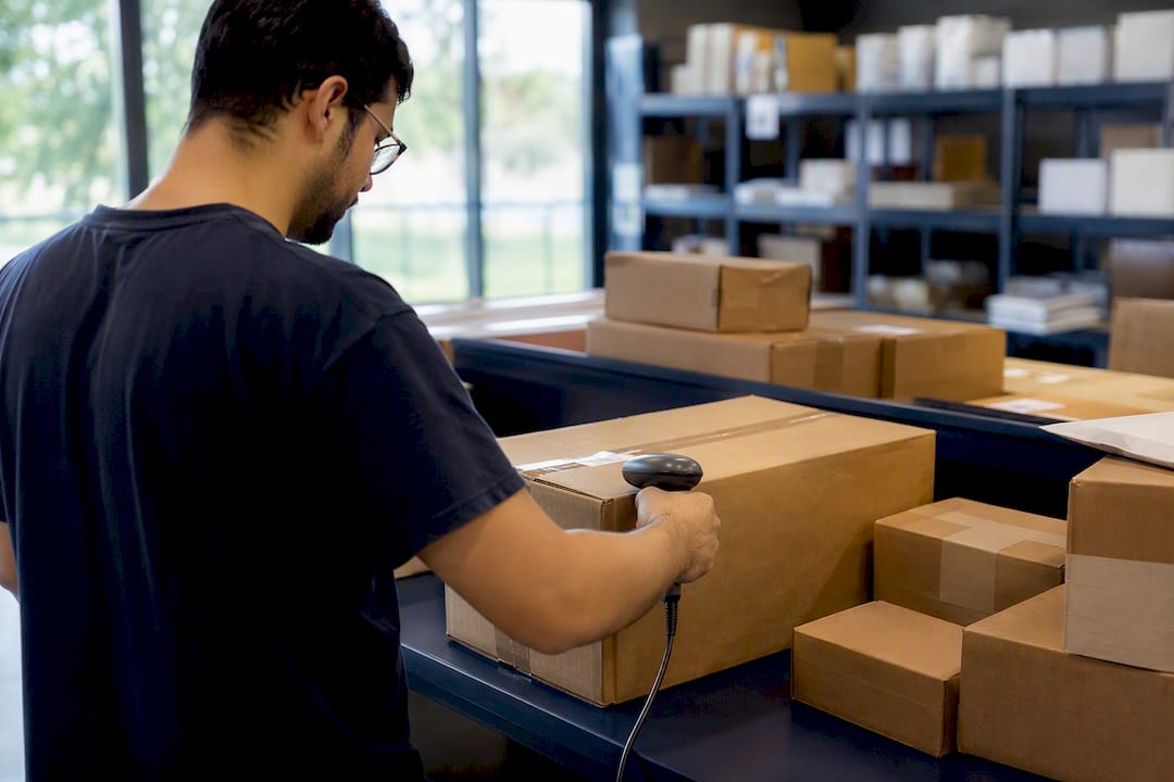Hands scanning packages during intake
