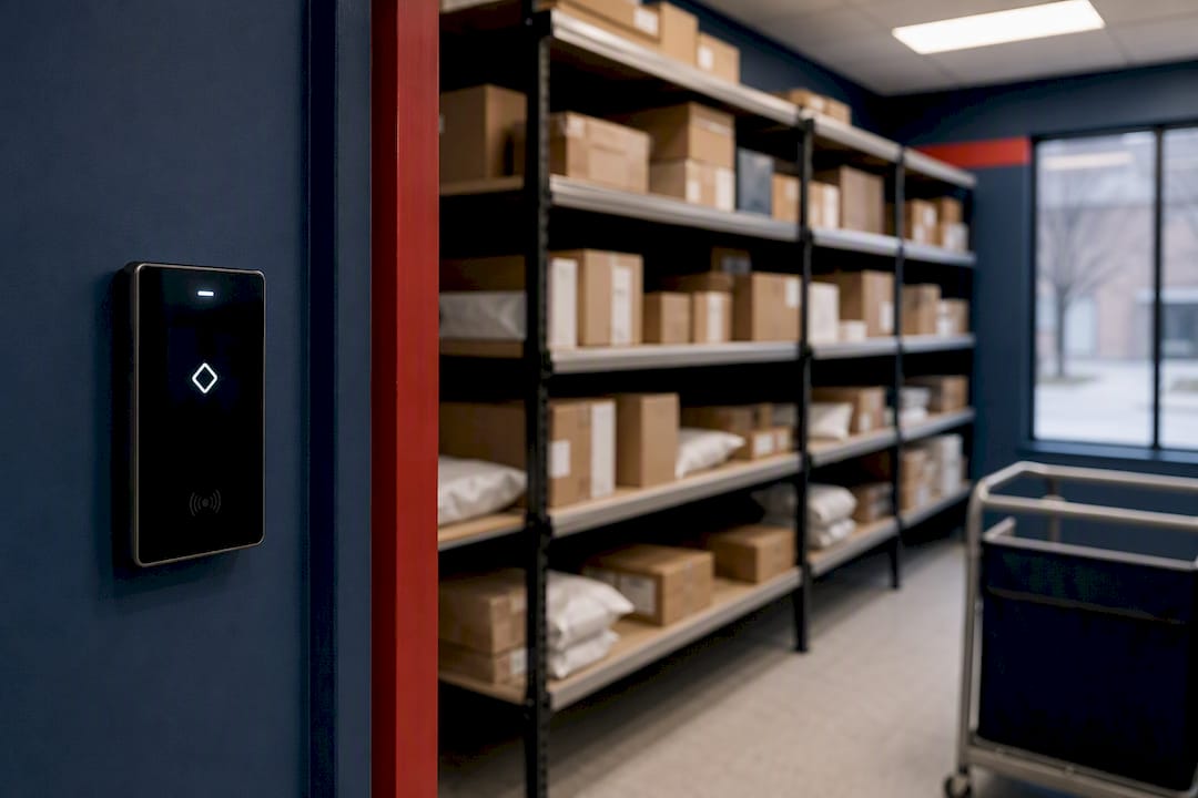 Organized package room interior with digital lock door