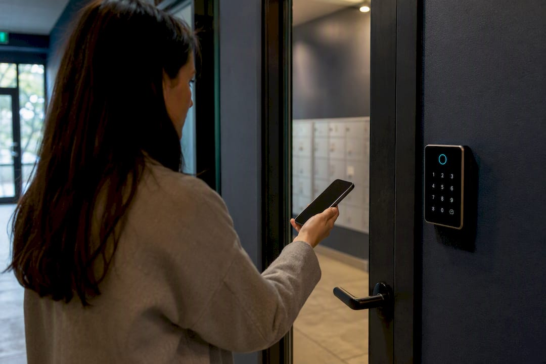 Hand holding phone near keypad at package room door