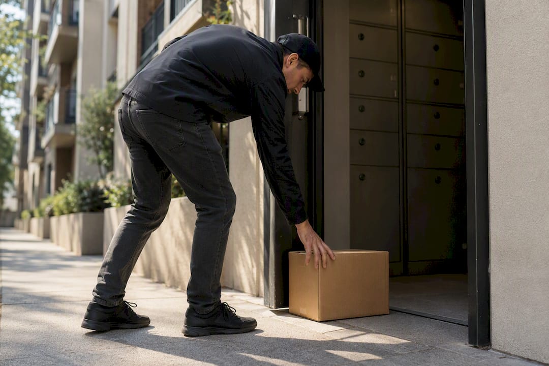 Delivery carrier leaving package outside secured door