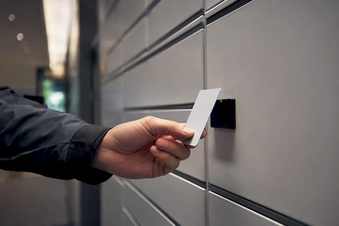 Hand tapping RFID card on locker reader