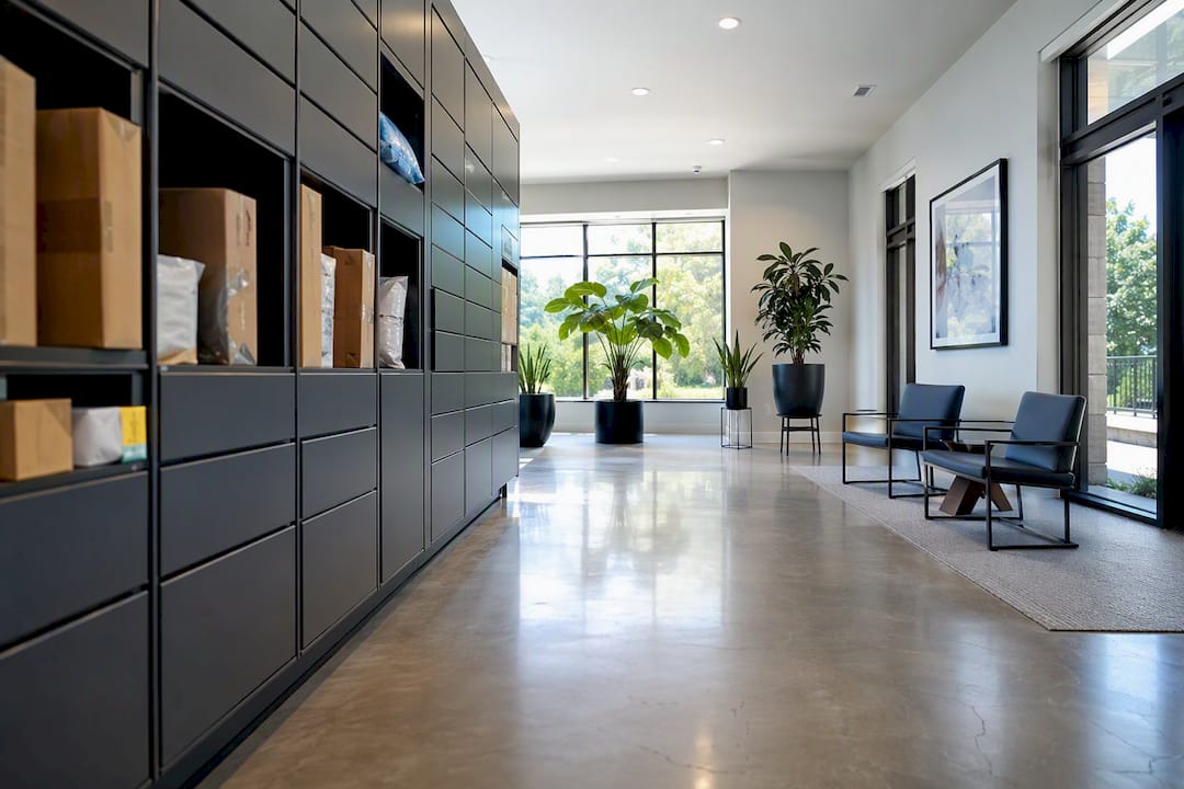 Apartment package room with lockers and parcels