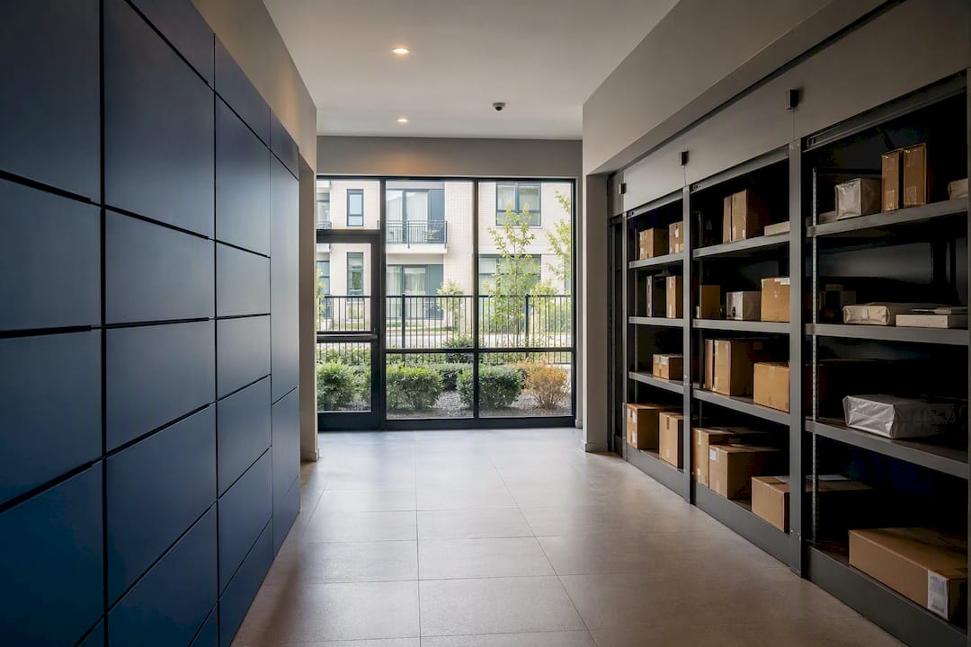 Hybrid locker bank and package room interior