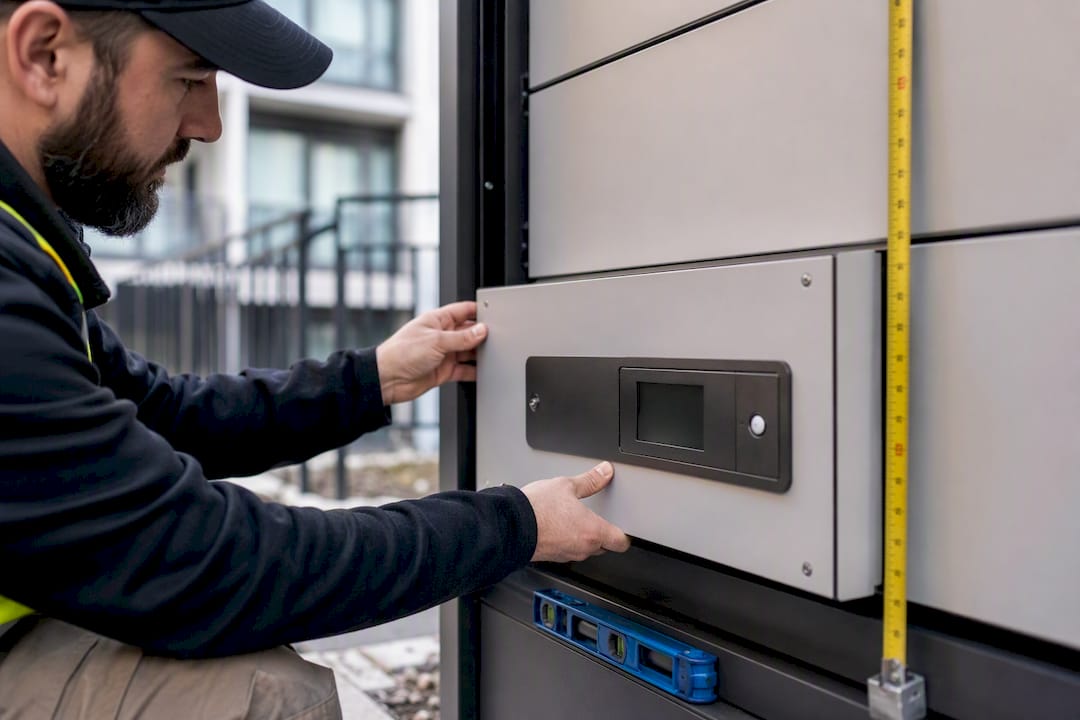 Technician hands installing ADA-compliant locker compartment