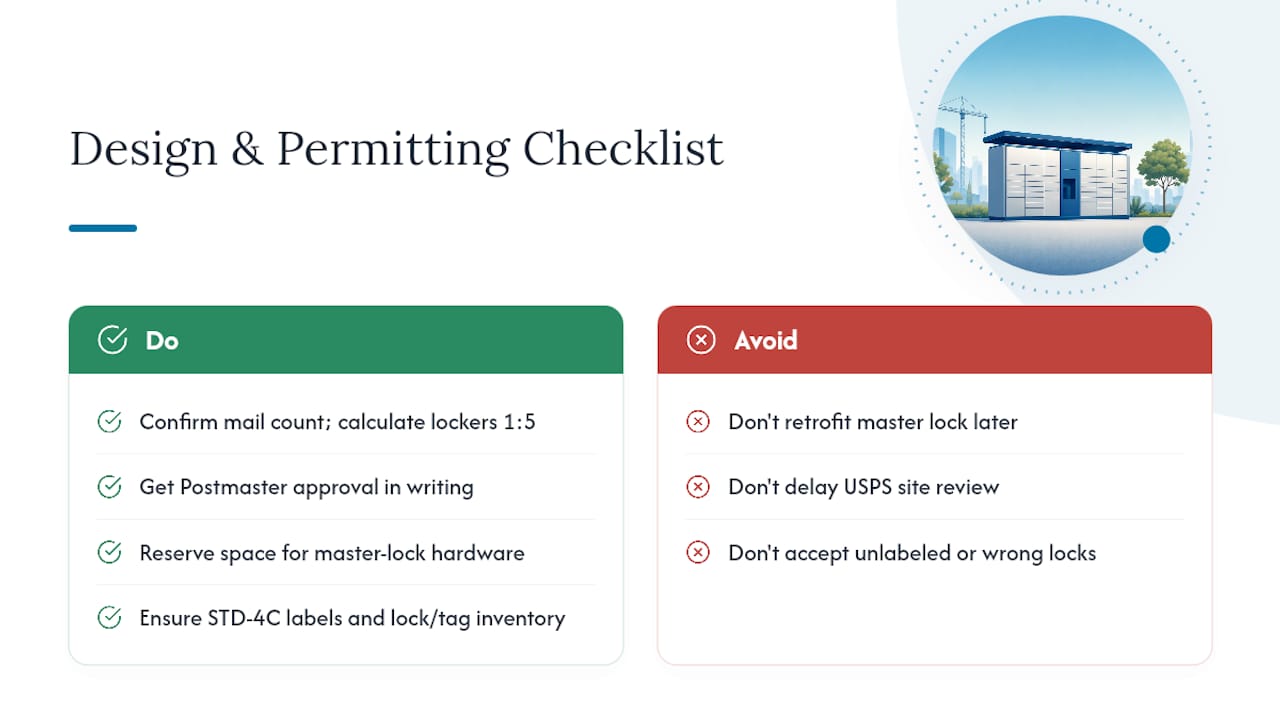 Checklist infographic for USPS parcel locker design and permitting