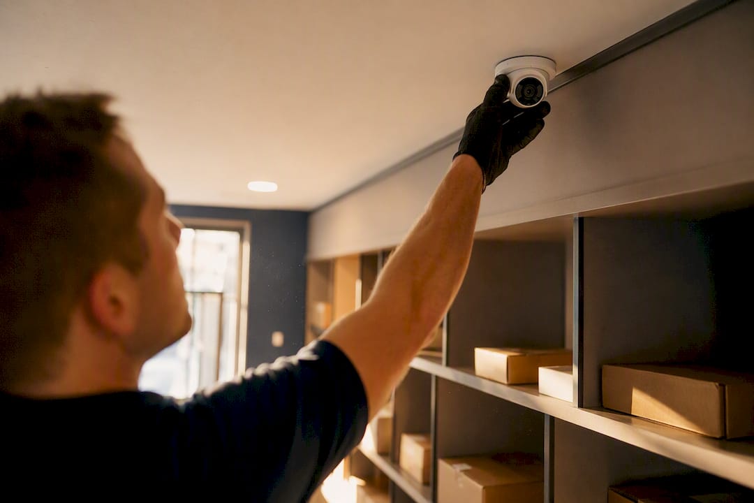 Technician installing package room surveillance camera