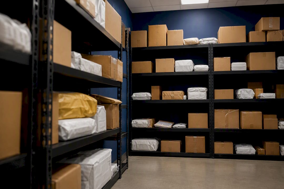 Organized package room shelves with parcels