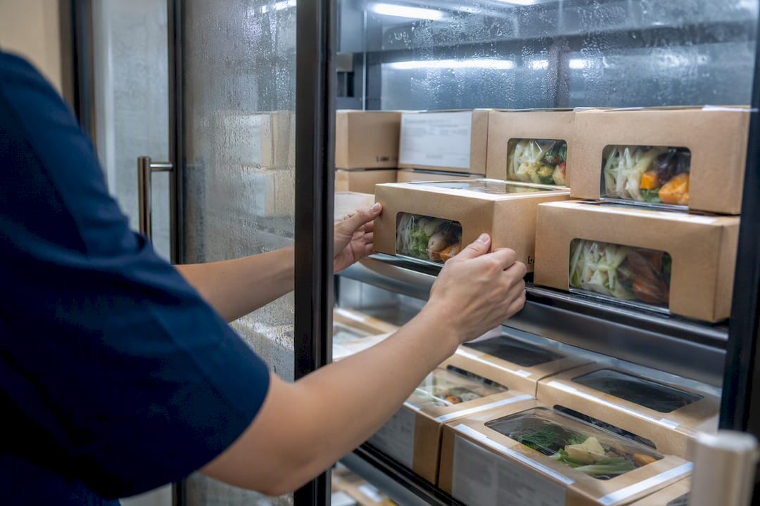 Meal-kit boxes arranged FIFO on refrigerated shelf