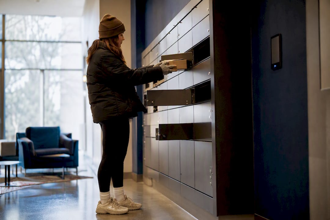 Indoor university package lockers with parcel placement