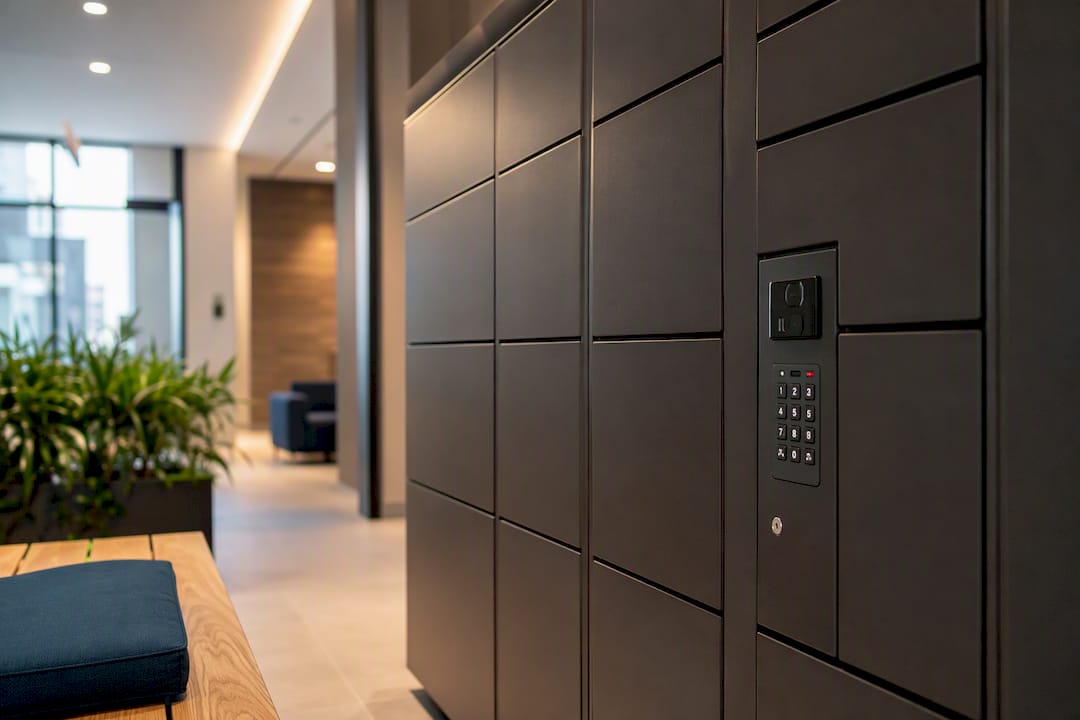 Electronic package locker keypad and lock detail