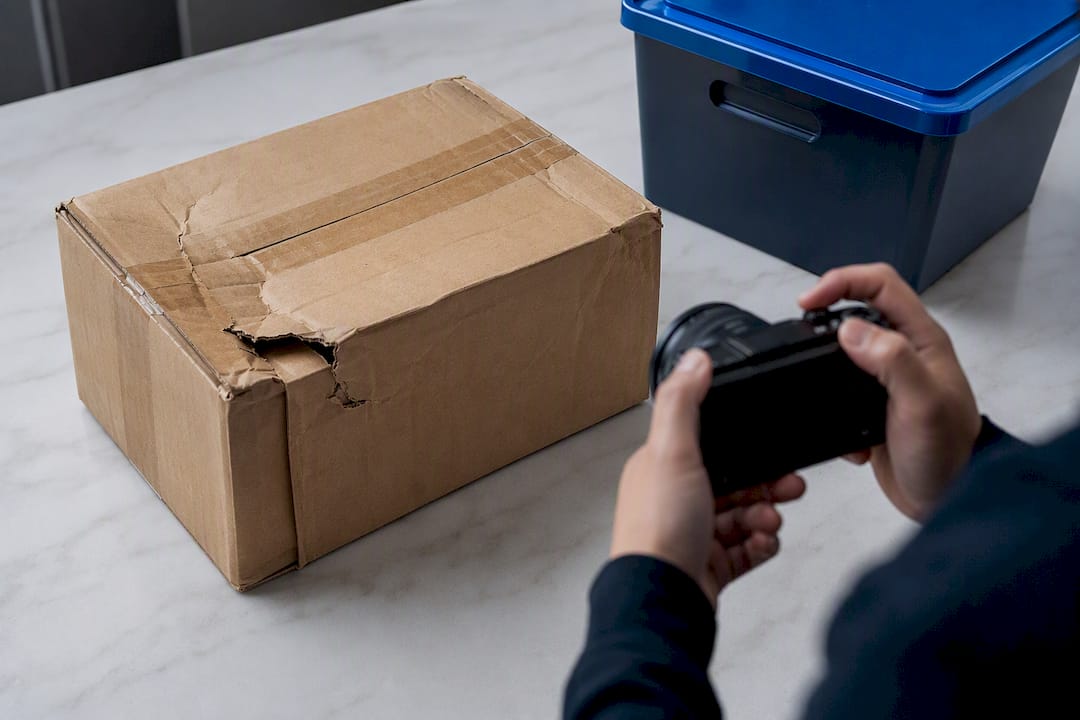 Damaged parcel being photographed at intake