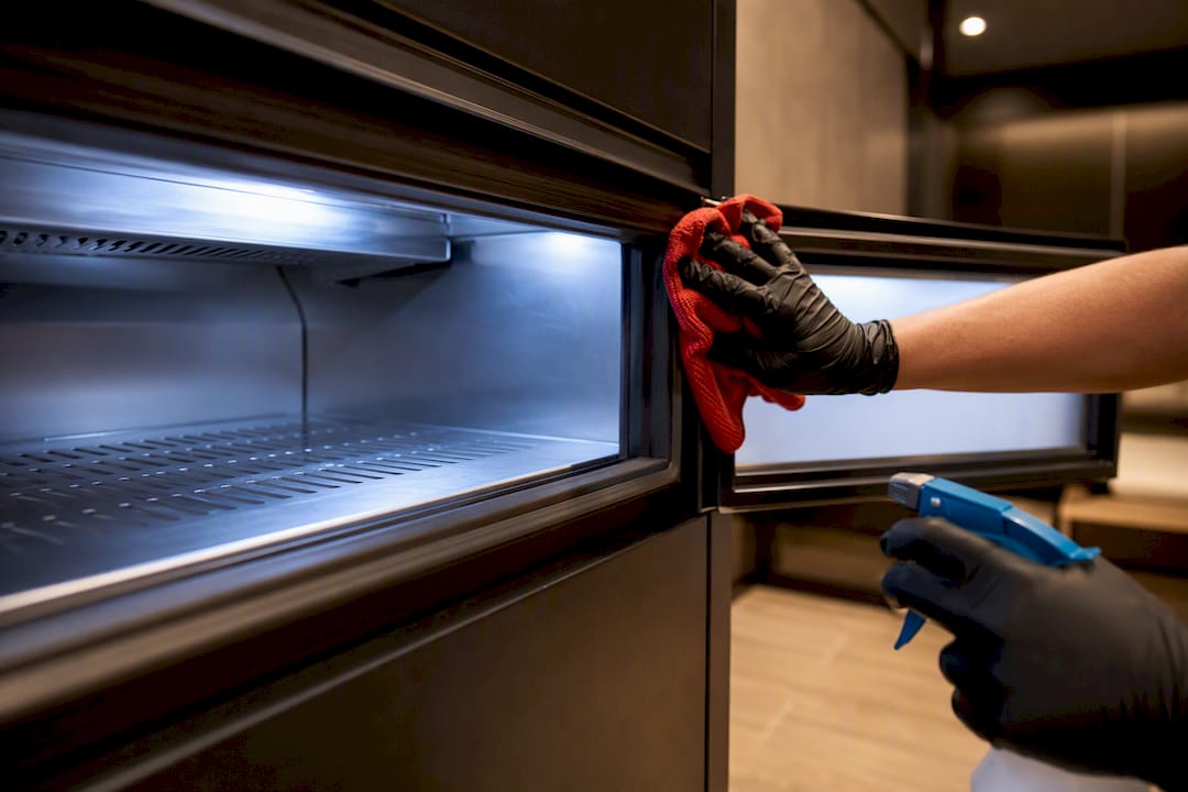 Gloved hand sanitizing refrigerated locker shelf