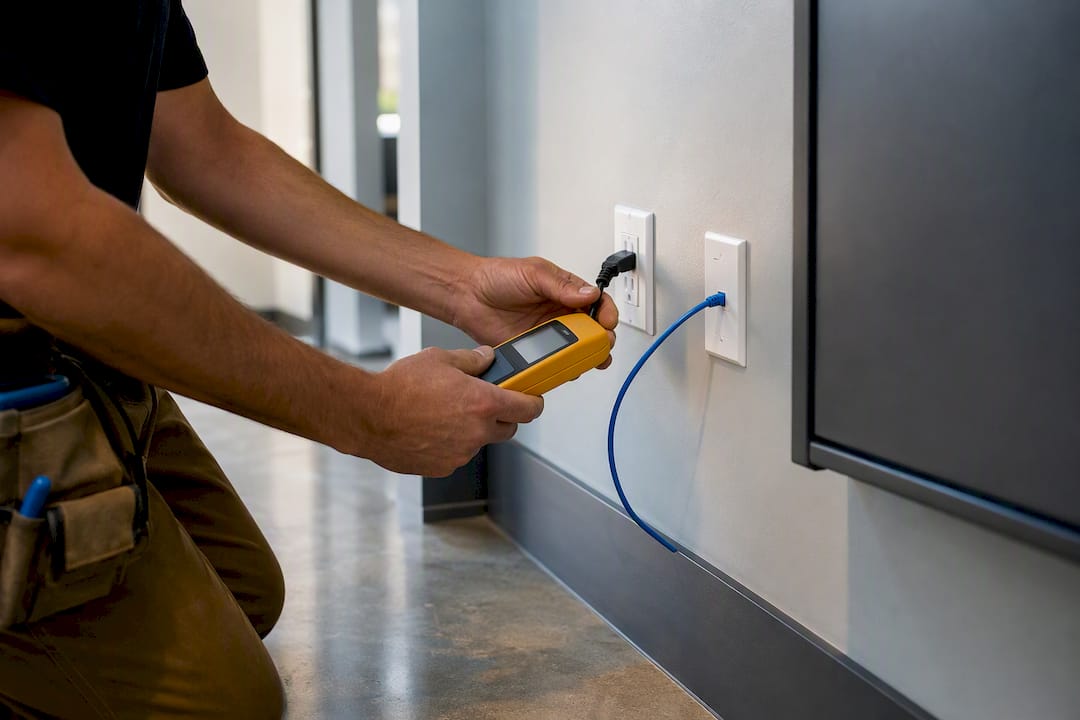 Contractor checking outlet and network jack