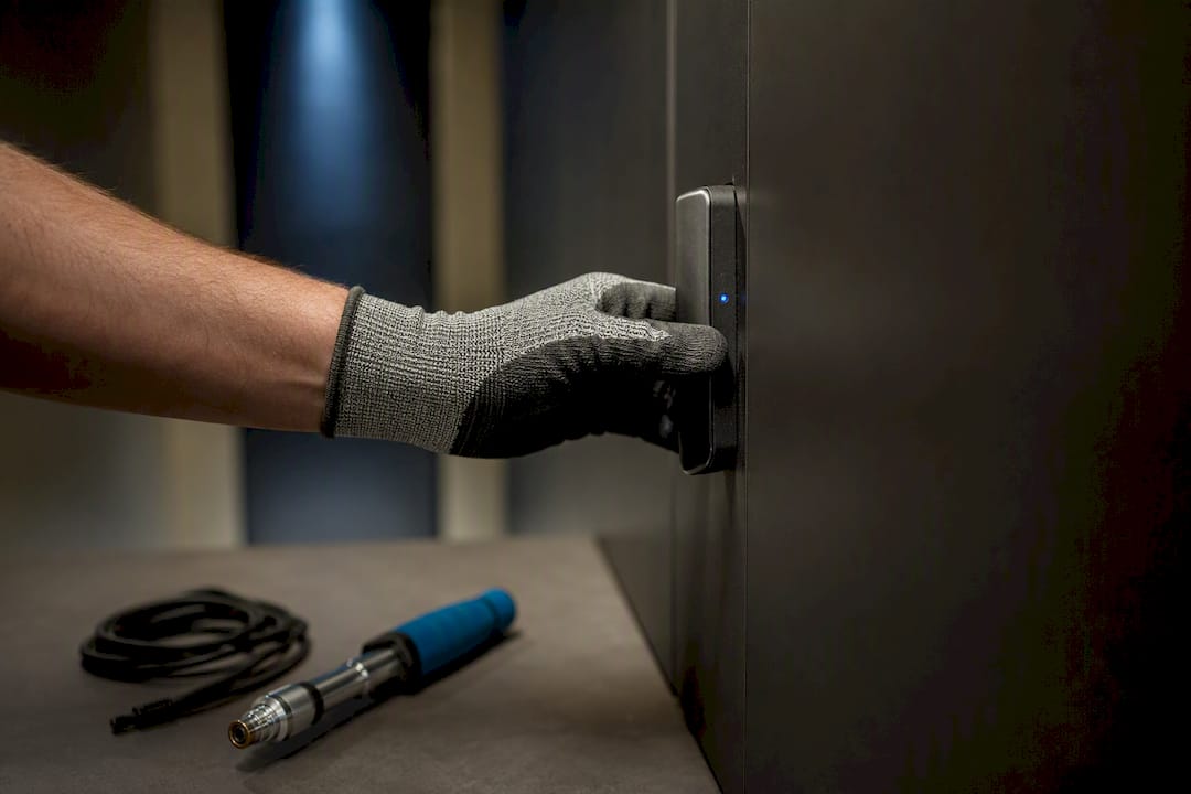 Technician testing an electronic locker latch