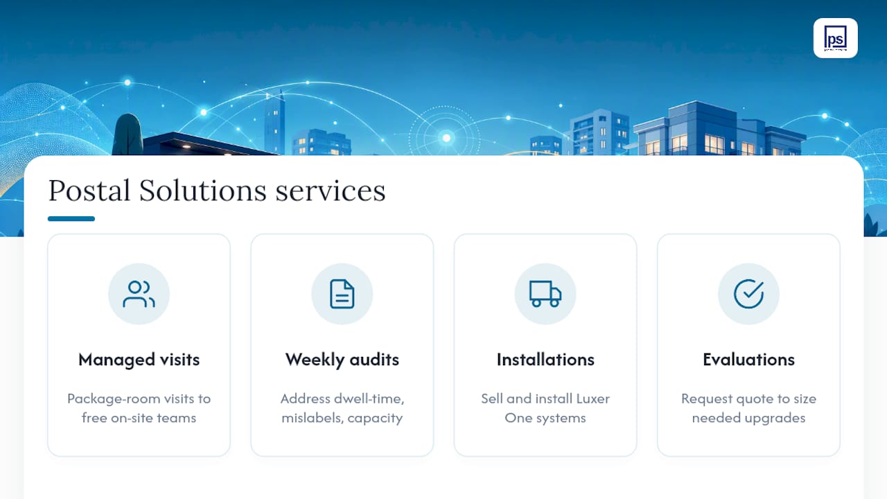 Let Postal Solutions Handle the Package Room While You Read the Reports — overview diagram