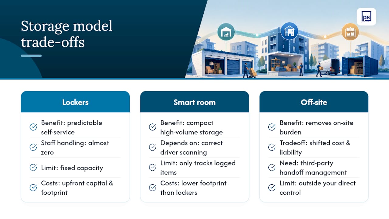 Lockers, Smart Rooms, or Off-Site: Which Storage Model Fits Your Property? — overview diagram