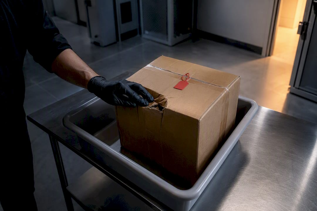 Gloved hand inspecting suspicious package