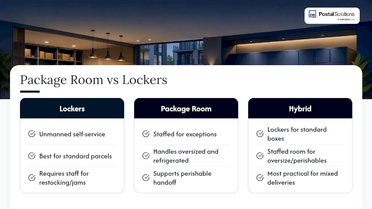 Hybrid lockers and staffed package room comparison