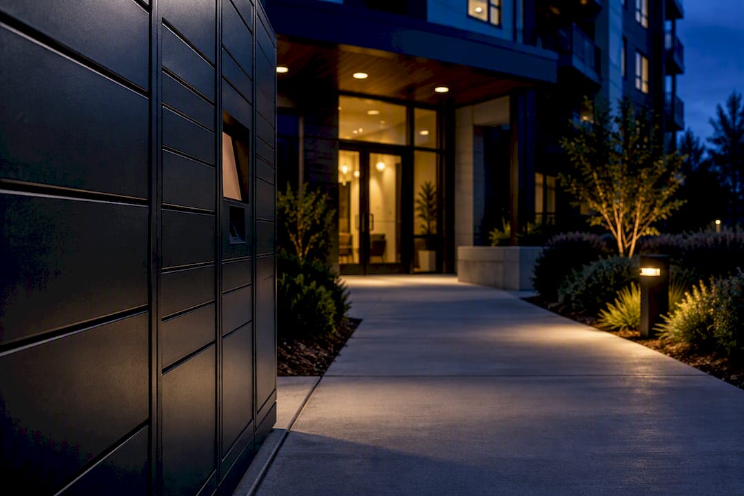 Outdoor locker bank beside apartment entrance