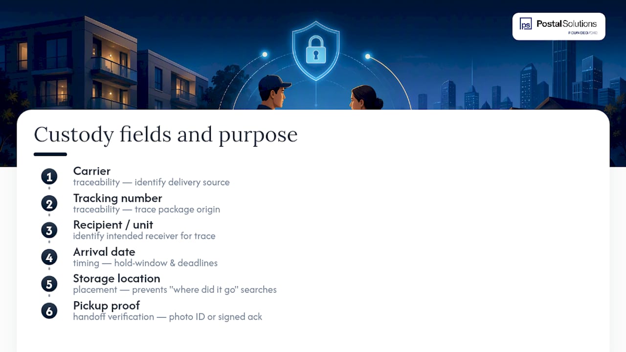 Six fields in a package custody chain