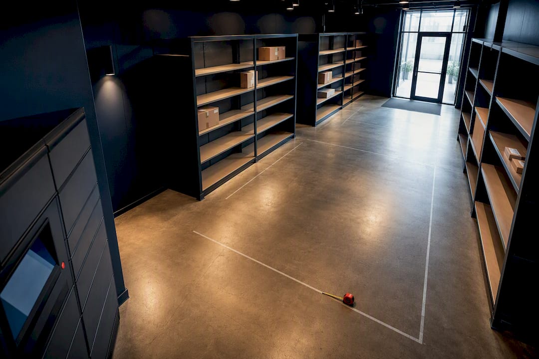Package room layout with clear circulation aisles