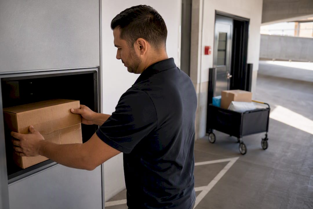 Carrier placing parcel beside overflow package area